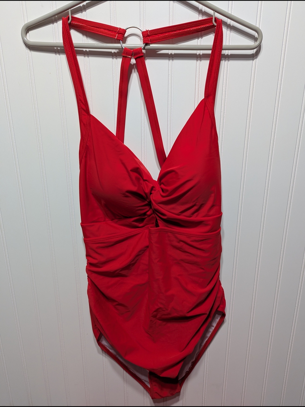 Ruched Red One-Piece Swimsuit with Decorative Ring Back